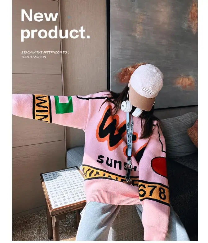

2020 Winter New Alphabet Jacquard Knitted Pullovers Loose Plussize Street Celebrity Harujuku style Sweater